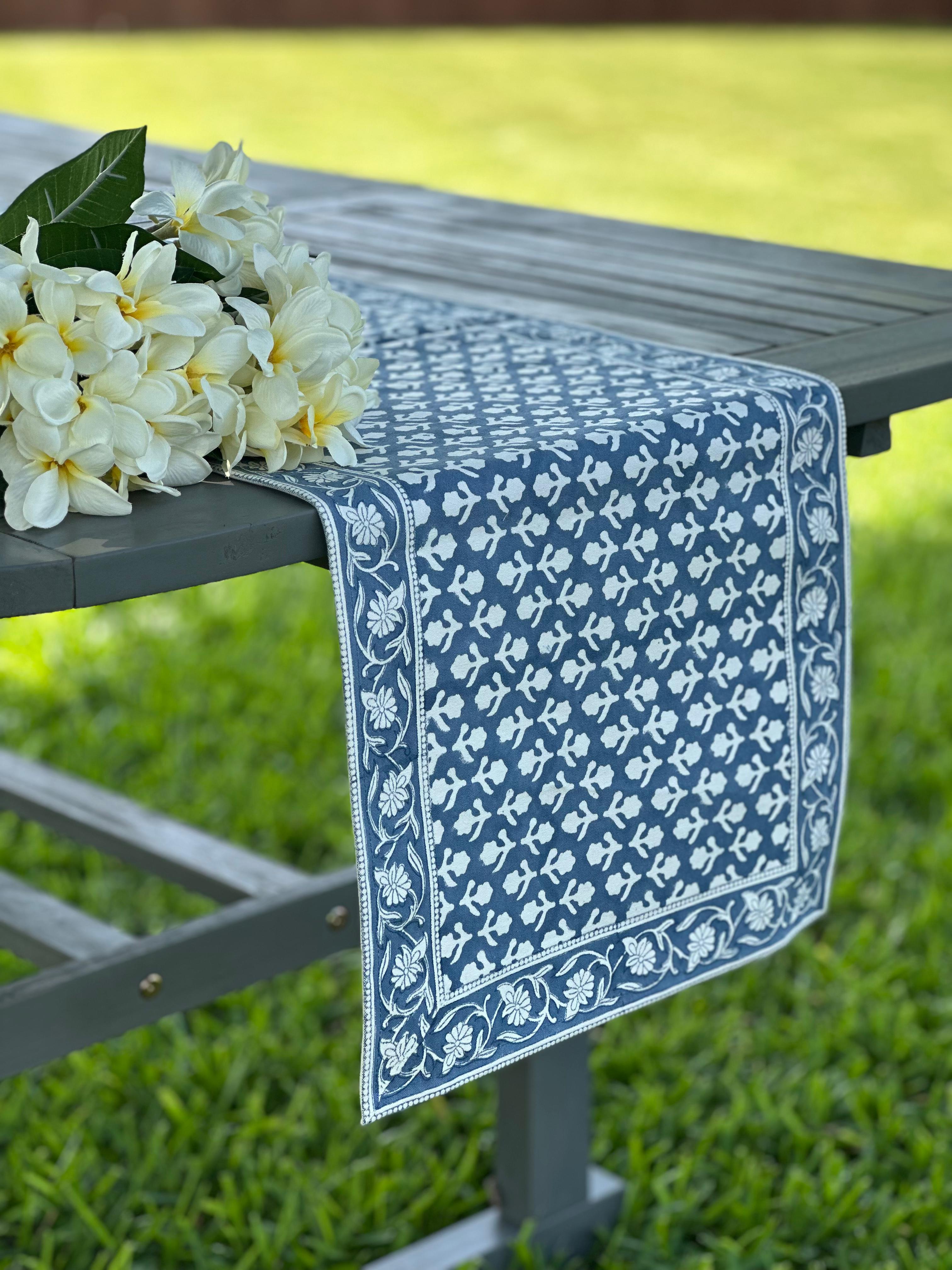 Cotton Hand-Block Printed Table Runner – The Charlotte Indigo Bloom
