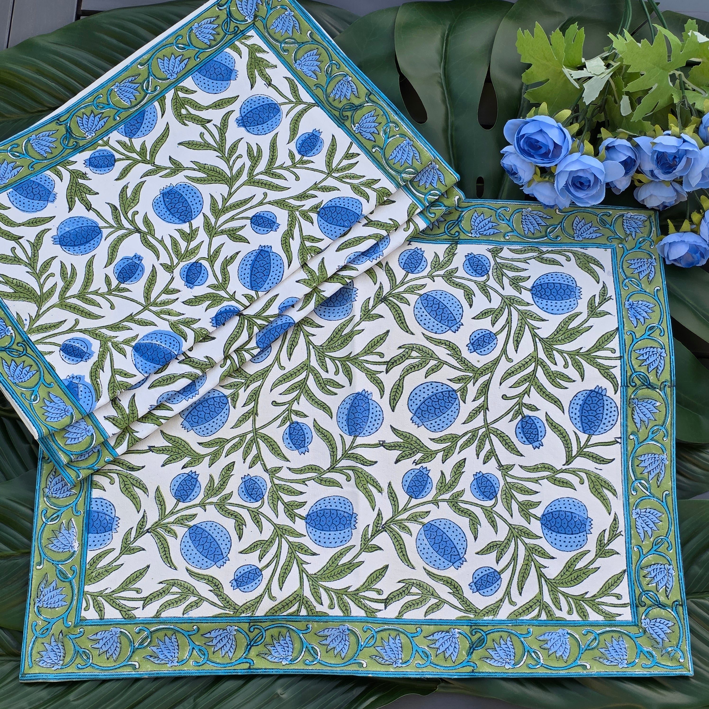 Cotton Hand-Block-Printed Placemats — Pomegranate Blue— Set of 4