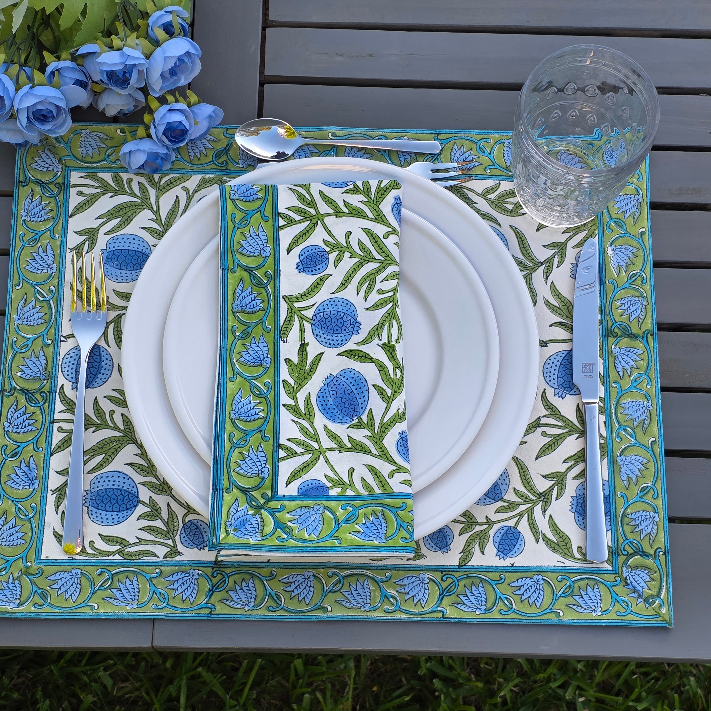 Cotton Hand-Block-Printed Napkins — Pomegranate Blue — Set of 4
