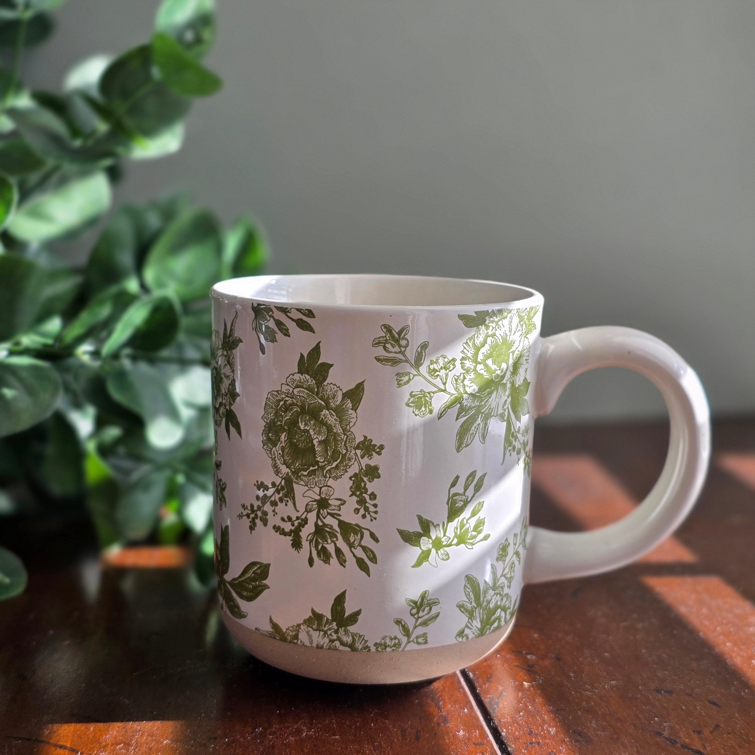 Green Delft Floral Stoneware Mug