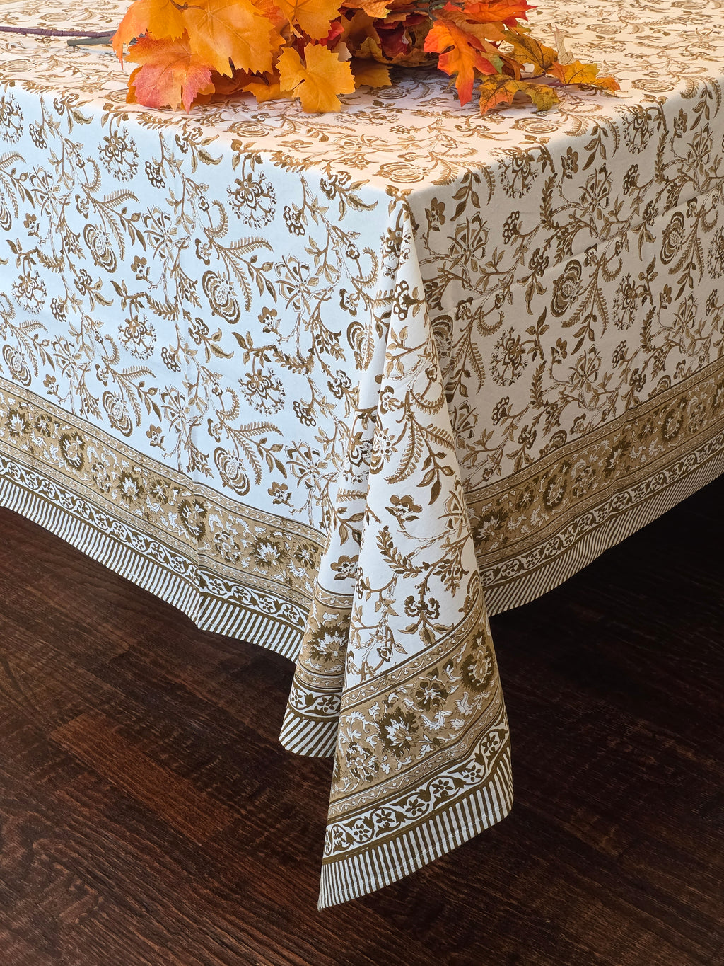 Cotton Hand-Block-Printed Tablecloth - Lilibet Mocha