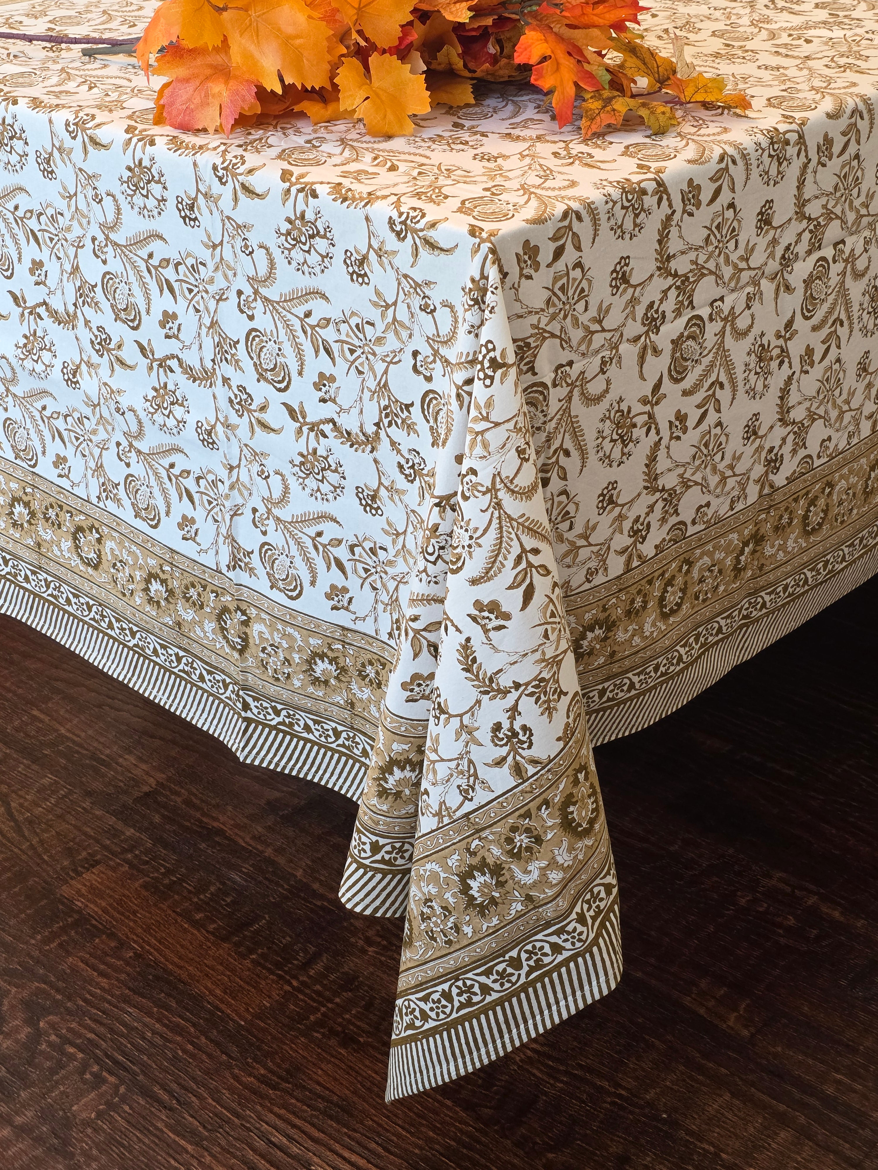 Cotton Hand-Block-Printed Tablecloth - Lilibet Mocha