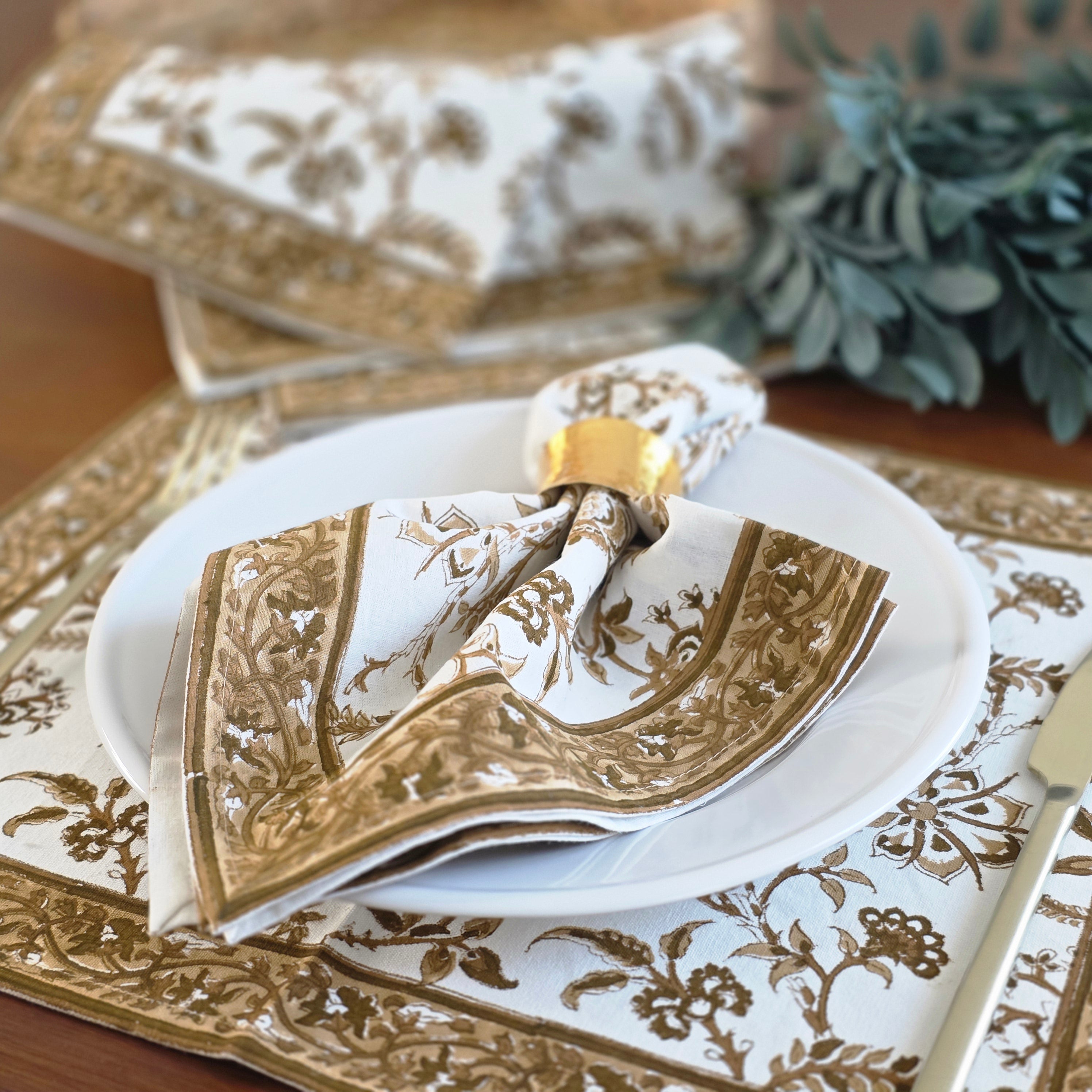 Cotton Hand-Block-Printed Placemats - Lilibet Mocha, Set of 4