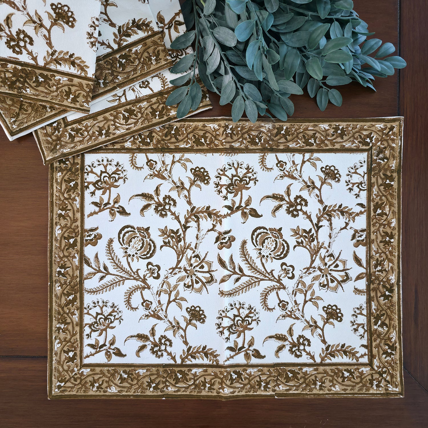 Cotton Hand-Block-Printed Placemats - Lilibet Mocha, Set of 4