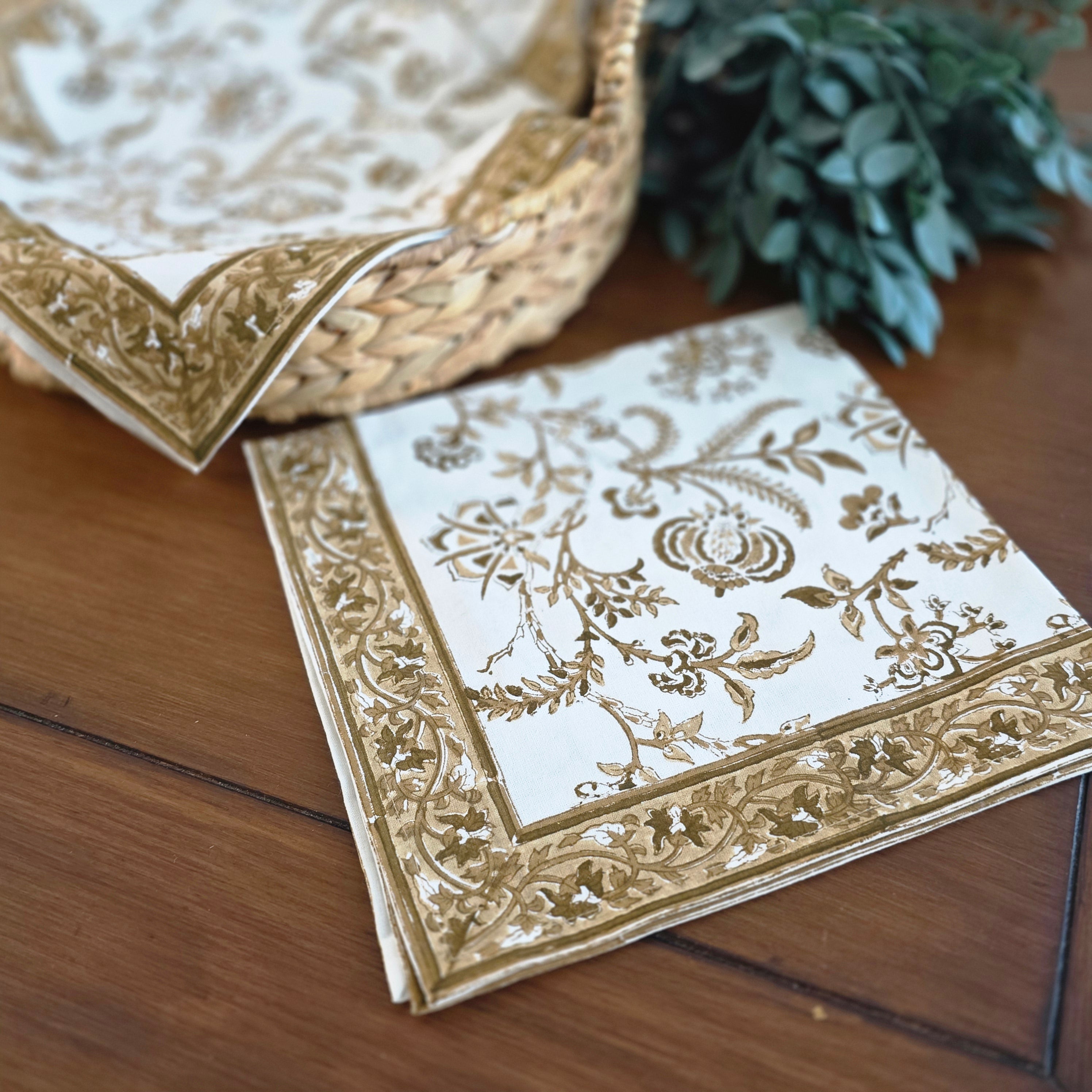Cotton Hand-Block-Printed Napkins - Lilibet Mocha, Set of 4