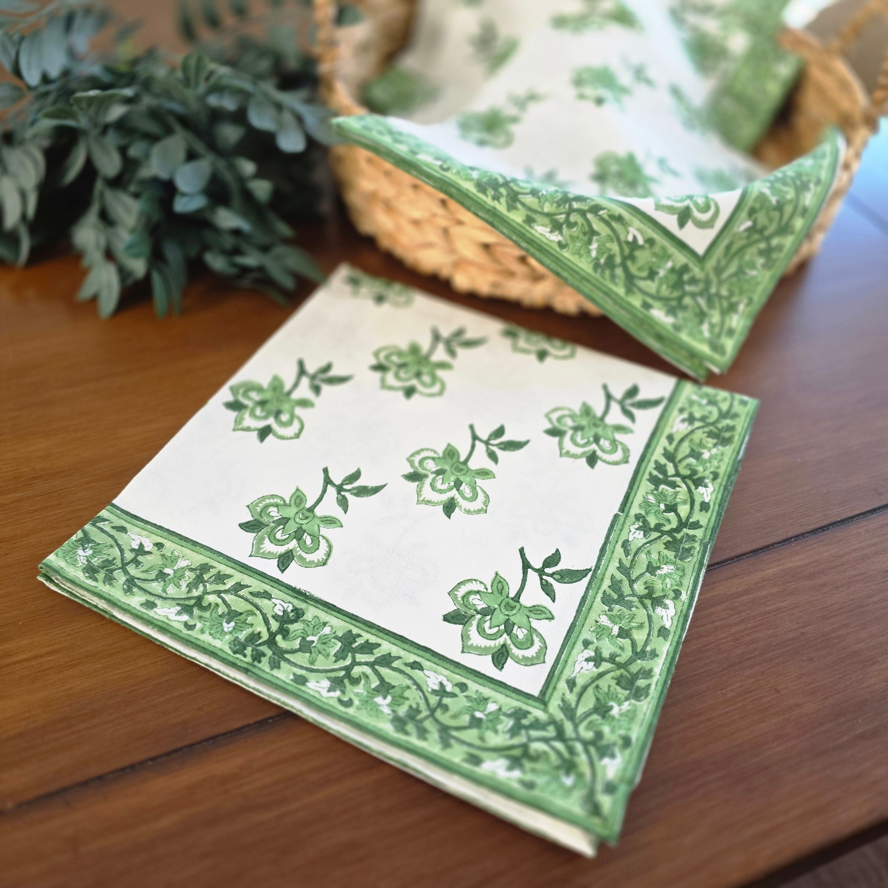 Cotton Hand-Block-Printed Napkins – Lilibet Green Buti, Set of 4