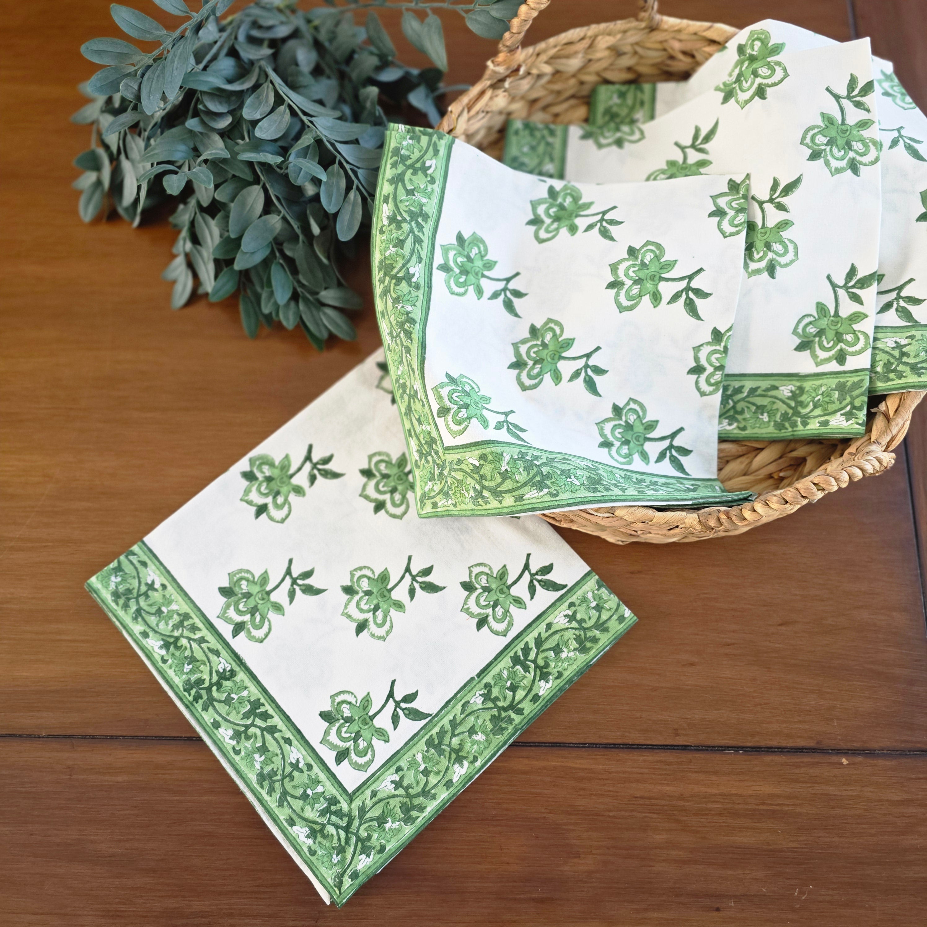 Cotton Hand-Block-Printed Napkins – Lilibet Green Buti, Set of 4