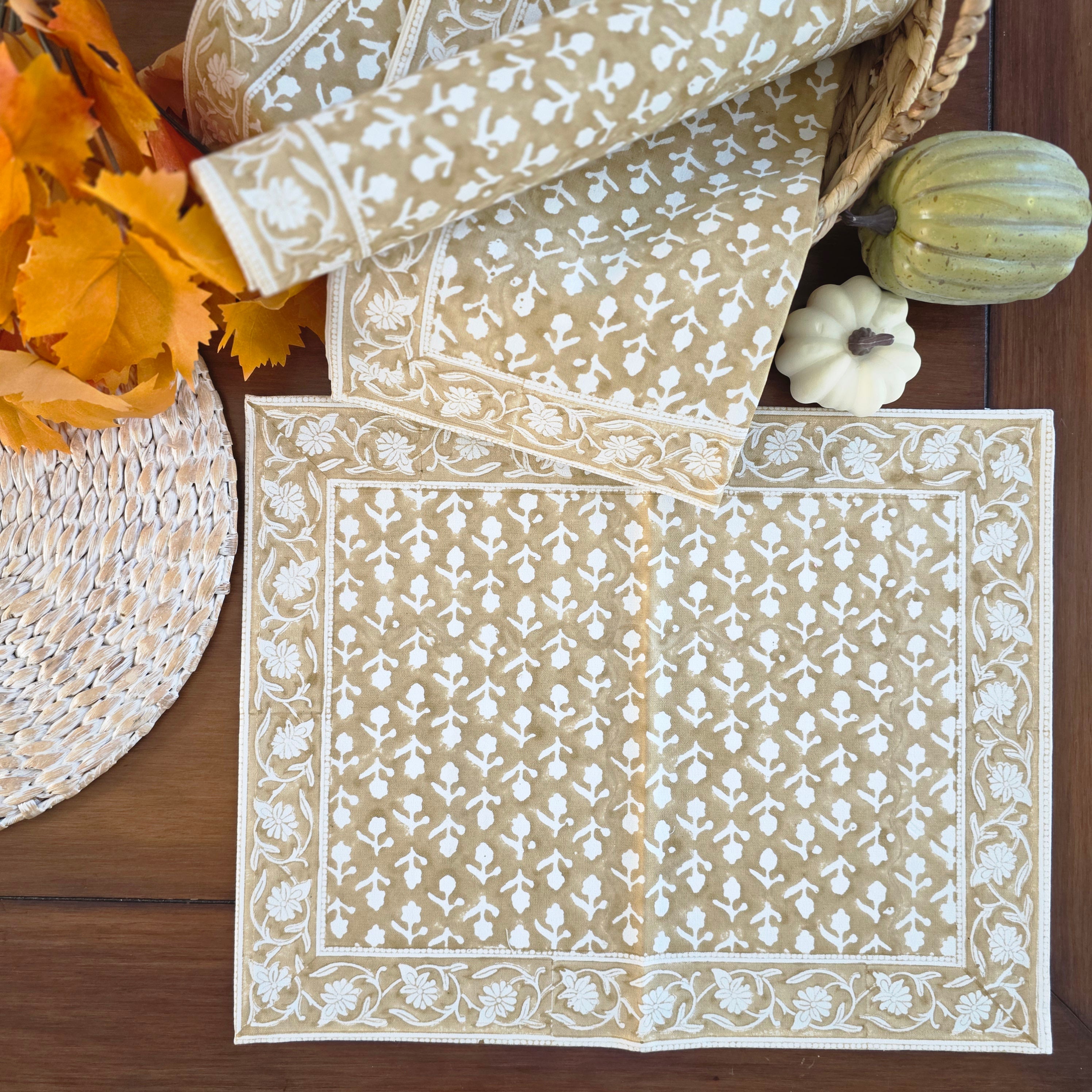 Cotton Hand-Block-Printed Placemats – Charlotte Caramel, Set of 4