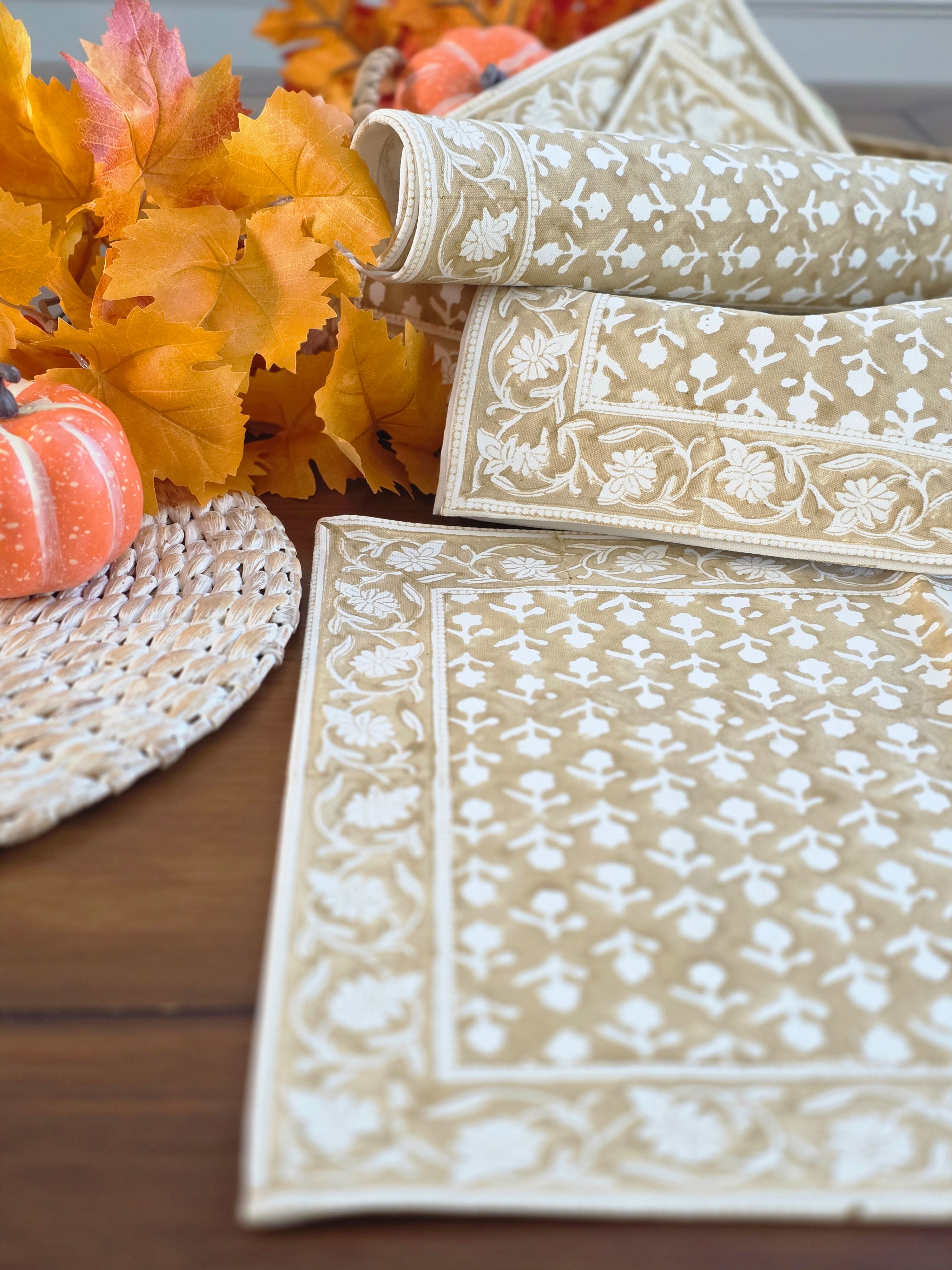Cotton Hand-Block-Printed Placemats – Charlotte Caramel, Set of 4