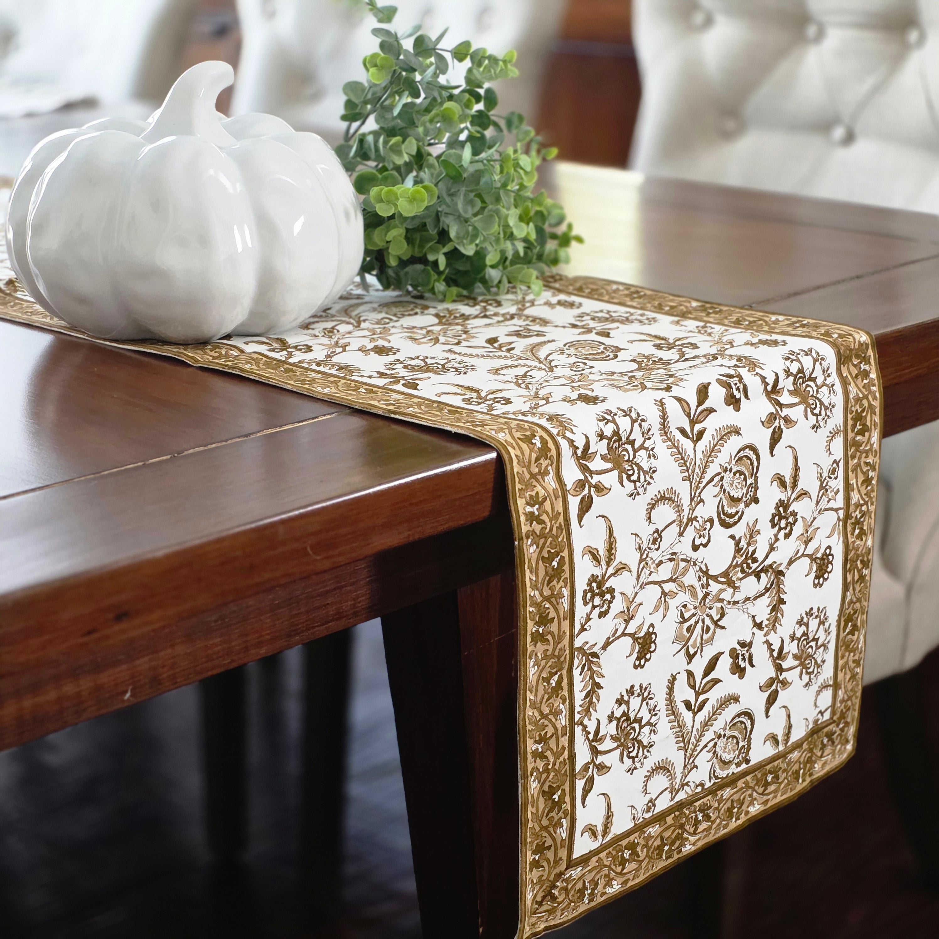 Cotton Hand-Block-Printed Table Runner - Lilibet Mocha