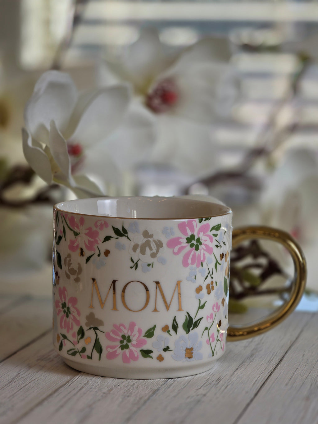 Fine Bone China Mom Mug — Floral & Gold