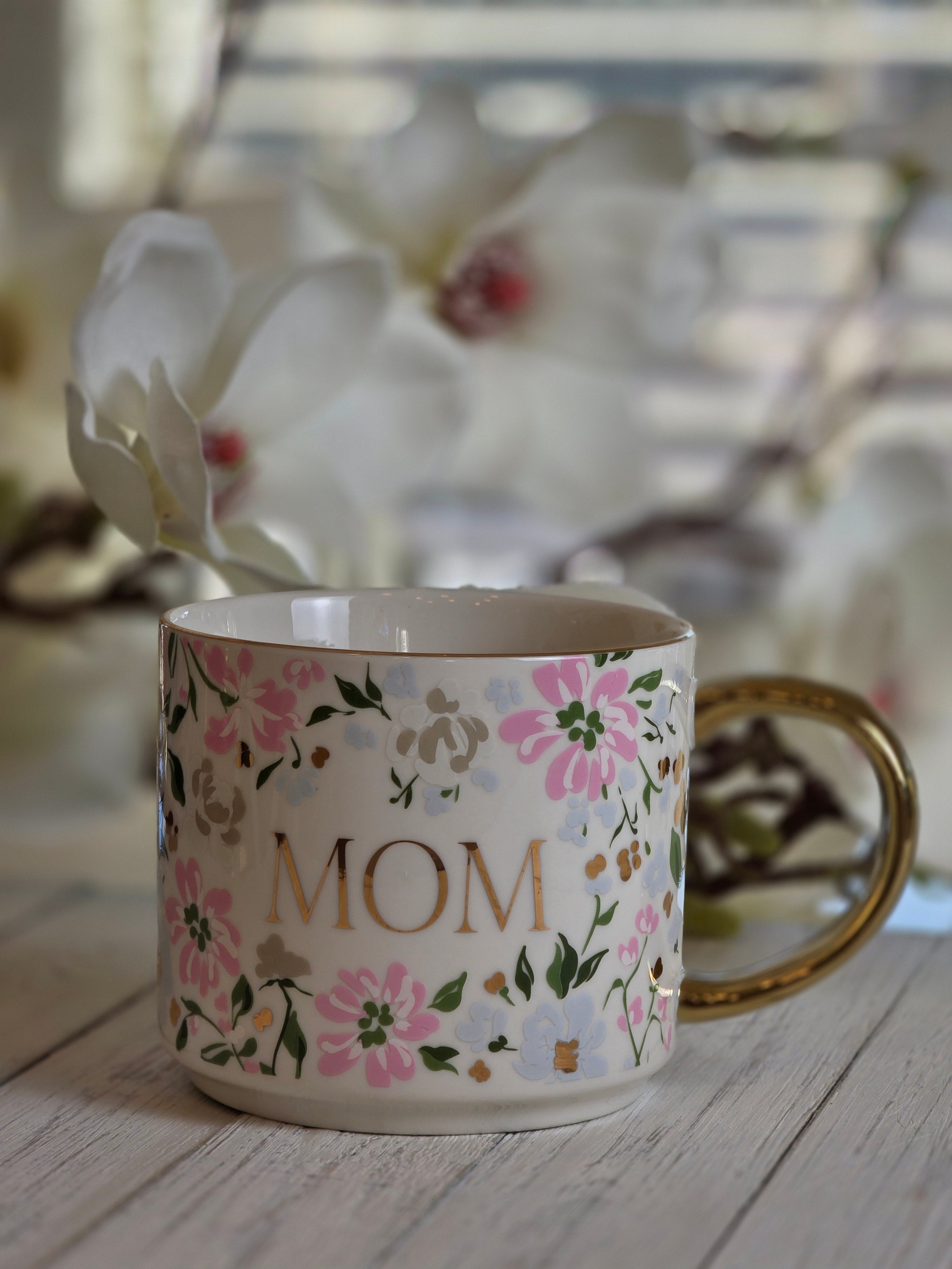 Fine Bone China Mom Mug — Floral & Gold