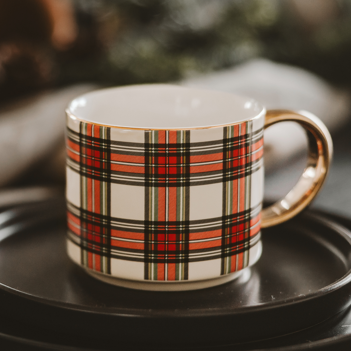 Holiday Plaid — Fine Bone China Mug with Gold Handle