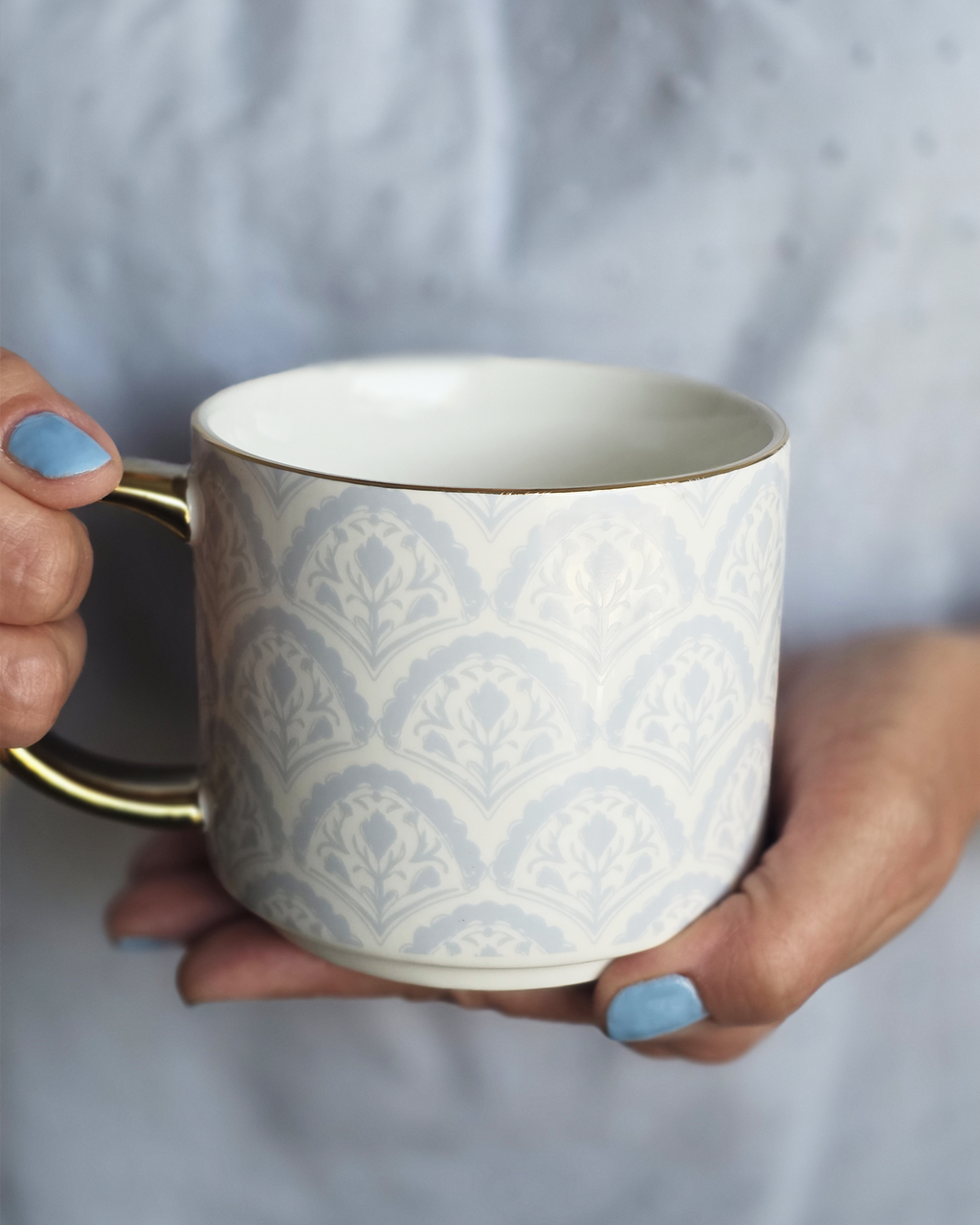 Blue Fan Quilt Fine Bone China Coffee Mug — Gold Handle