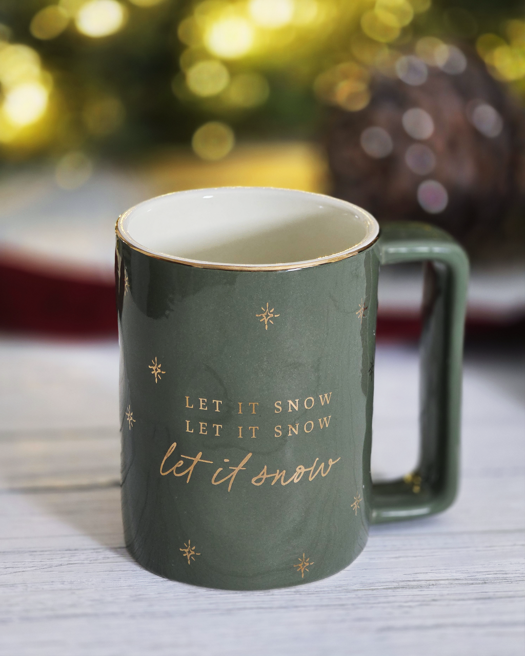 Let It Snow Christmas Mug — Green Stoneware with Gold Detail