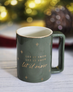 Let It Snow Christmas Mug — Green Stoneware with Gold Detail