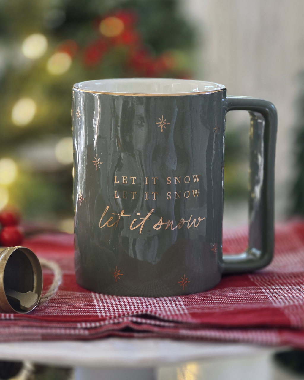 Let It Snow Christmas Mug — Green Stoneware with Gold Detail