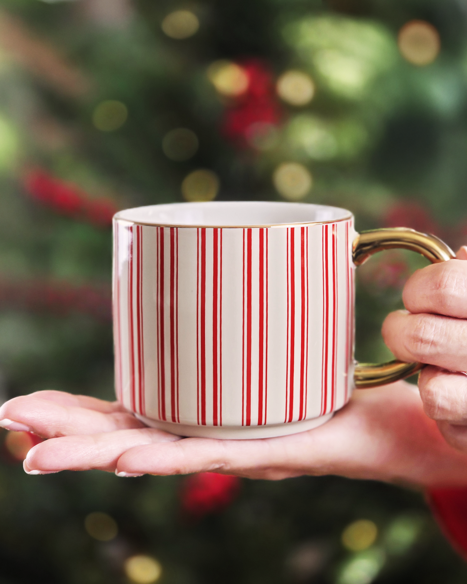 Red Caramel Stripe Mug – Fine Bone China with Gold Holiday Detailing