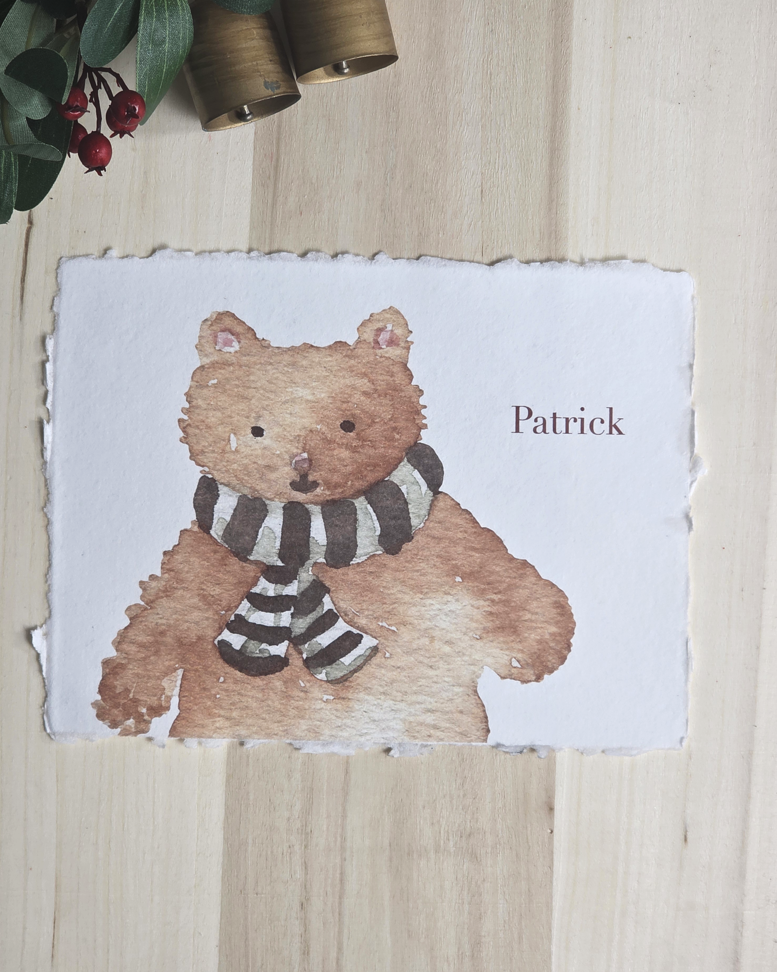 Bear with Scarf — Custom Name Seasonal Print on Cotton Deckle-Edge Handmade Paper