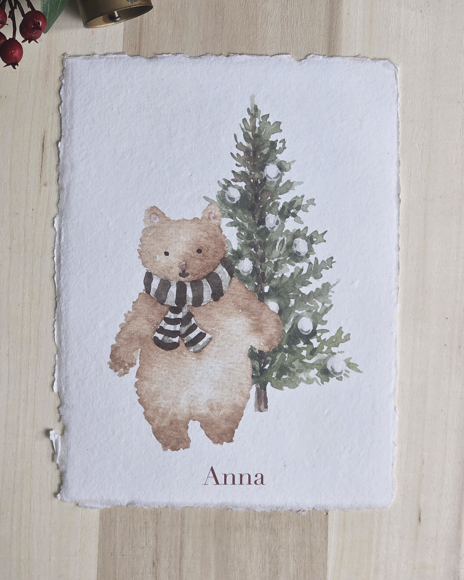 Bear & Christmas Tree — Custom Name Seasonal Print on Cotton Deckle-Edge Handmade Paper