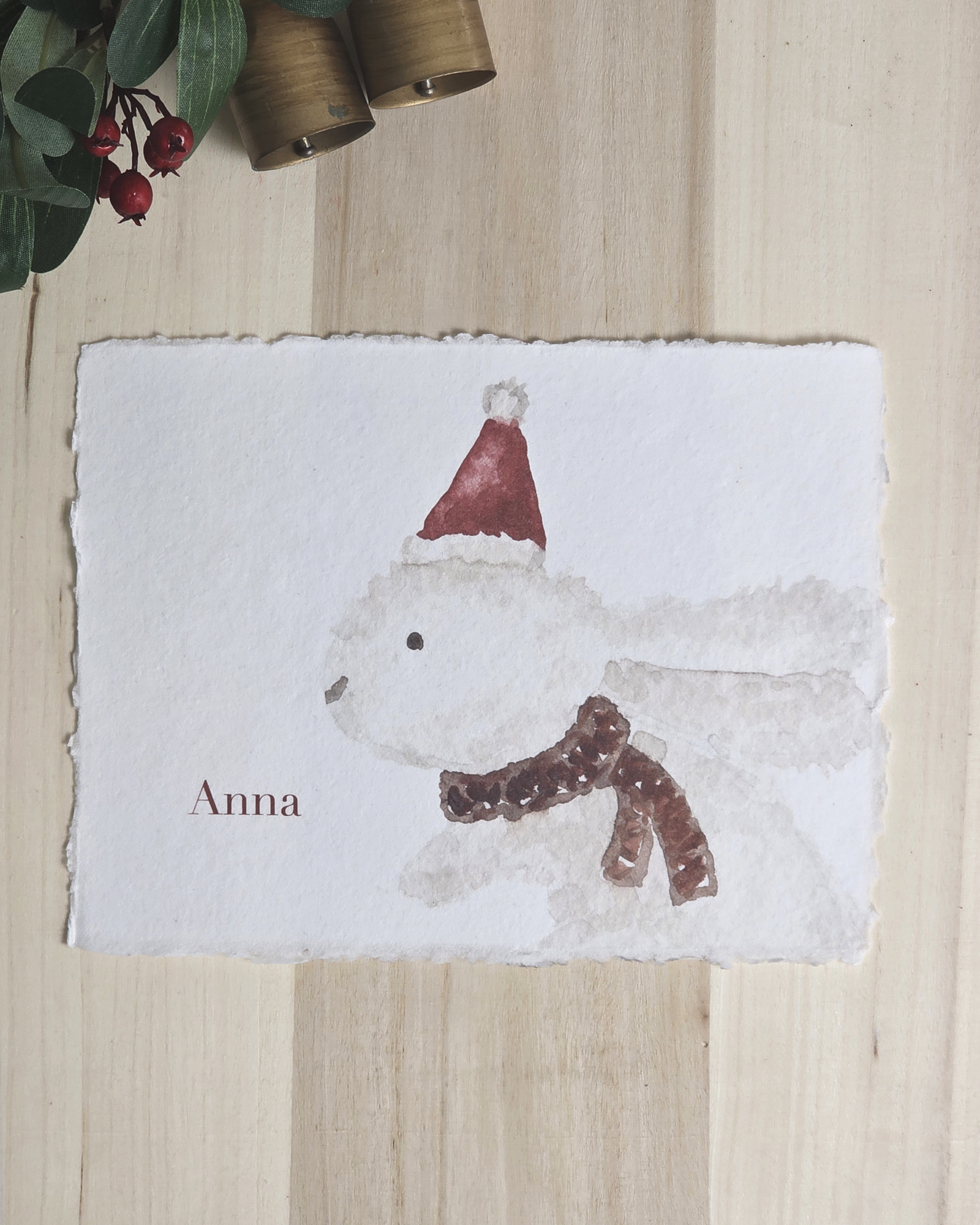 Christmas Bunny — Custom Name Seasonal Print on Cotton Deckle-Edge Handmade Paper