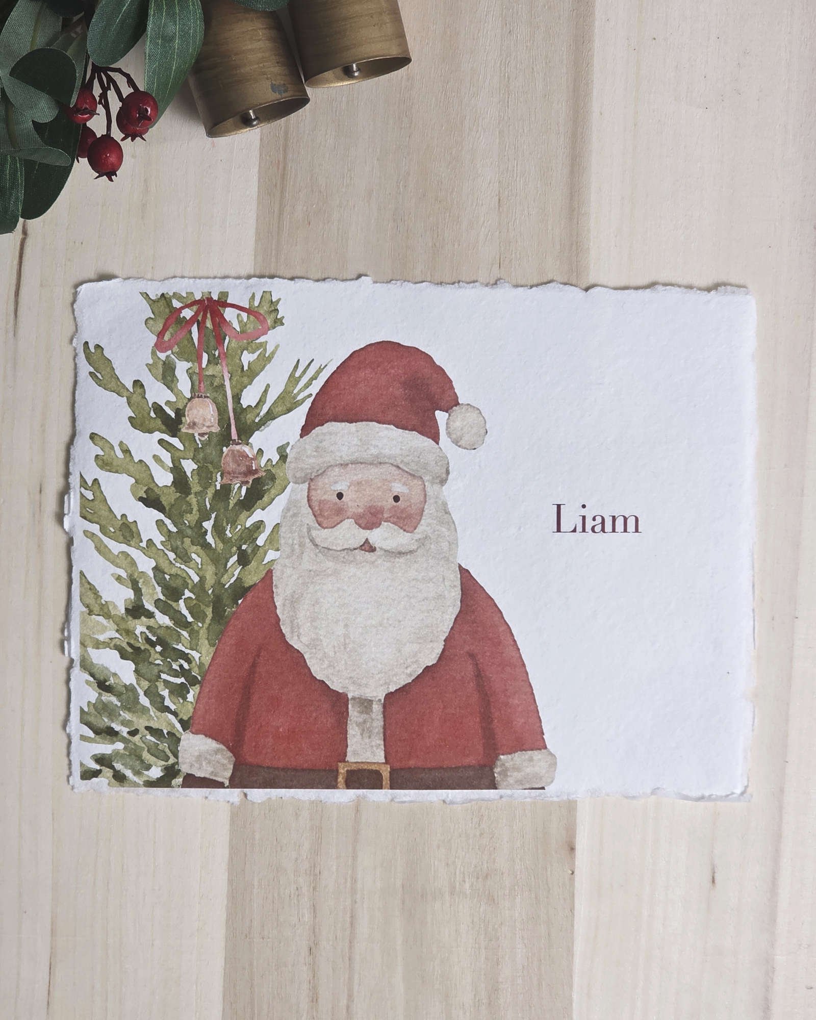 Santa with Tree — Custom Name Seasonal Print on Cotton Deckle-Edge Handmade Paper