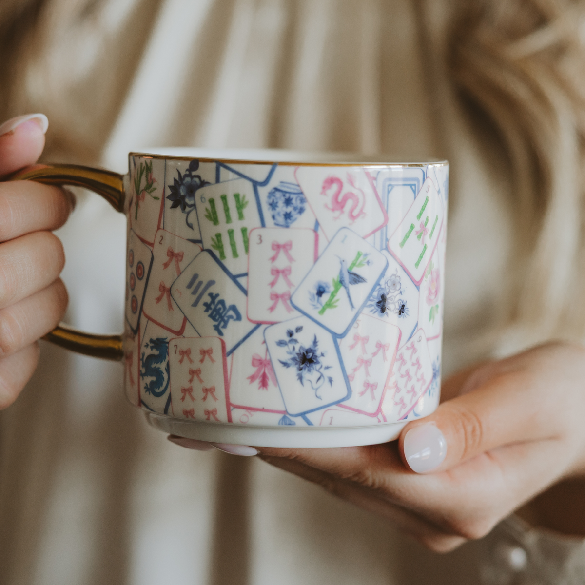 Mahjong Tiles — Fine Bone China Mug with Gold Handle