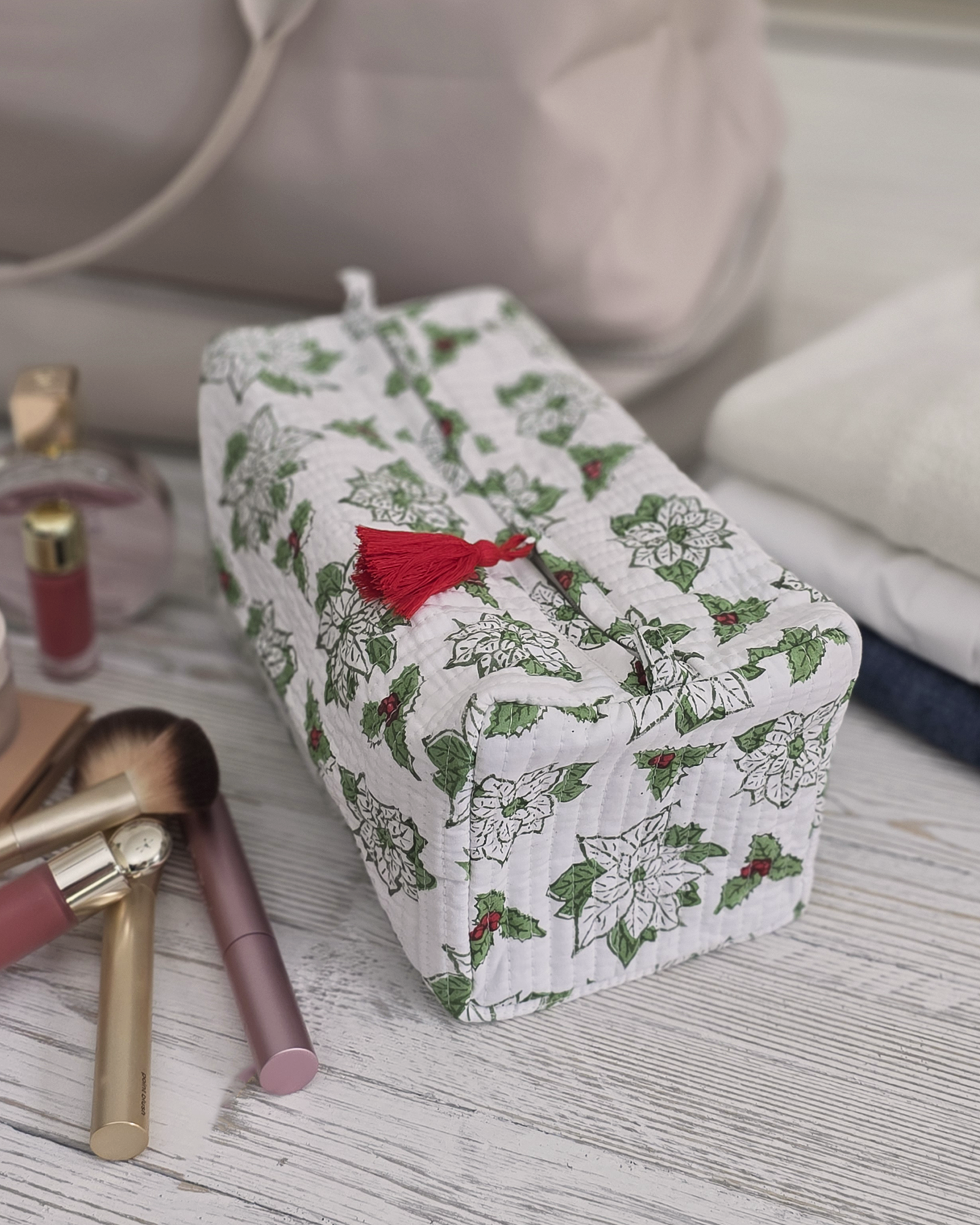 Holiday Poinsettia Quilted Cosmetic Bag