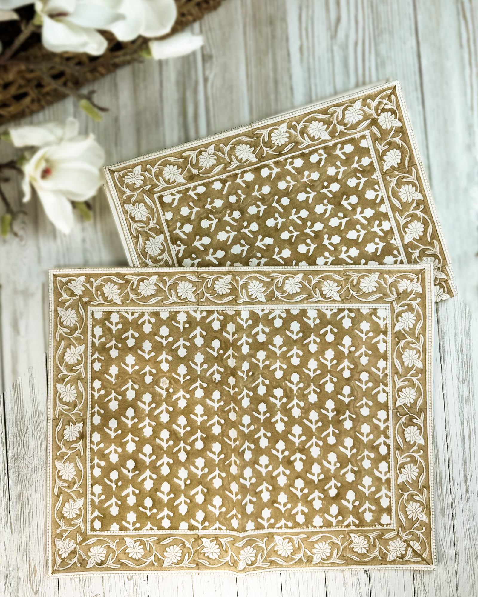 Cotton Hand-Block-Printed Placemats – Charlotte Caramel, Set of 4