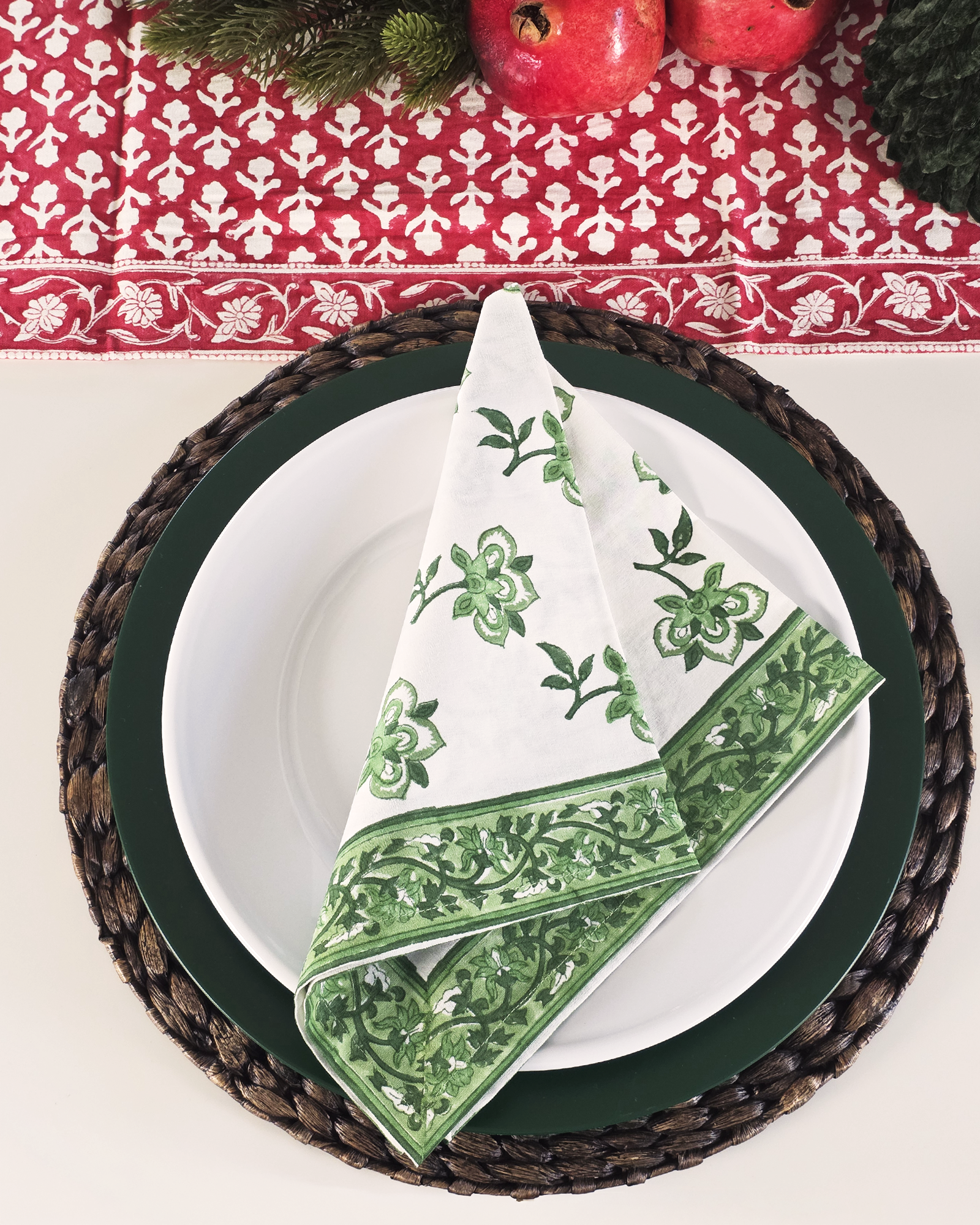 Cotton Hand-Block-Printed Napkins – Lilibet Green Buti, Set of 4