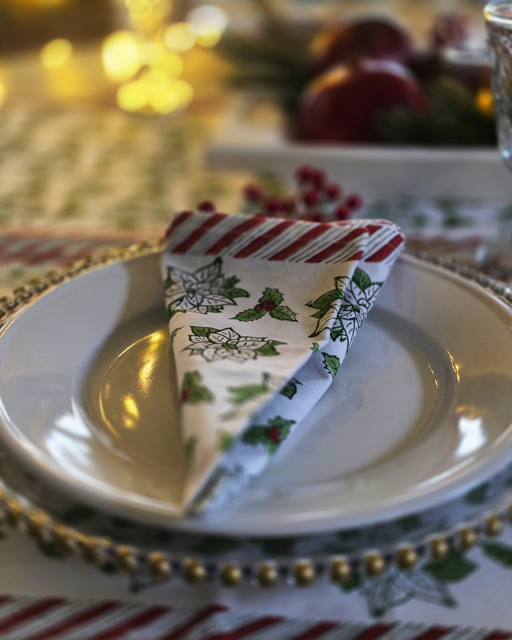 Holiday Poinsettia Block-Printed Cotton Napkins — Set of 4