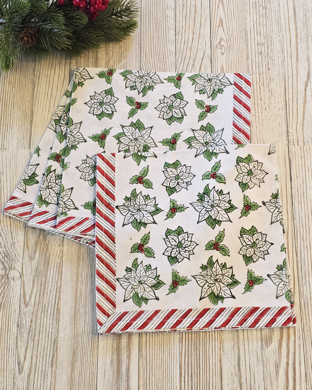 Holiday Poinsettia Block-Printed Cotton Napkins — Set of 4