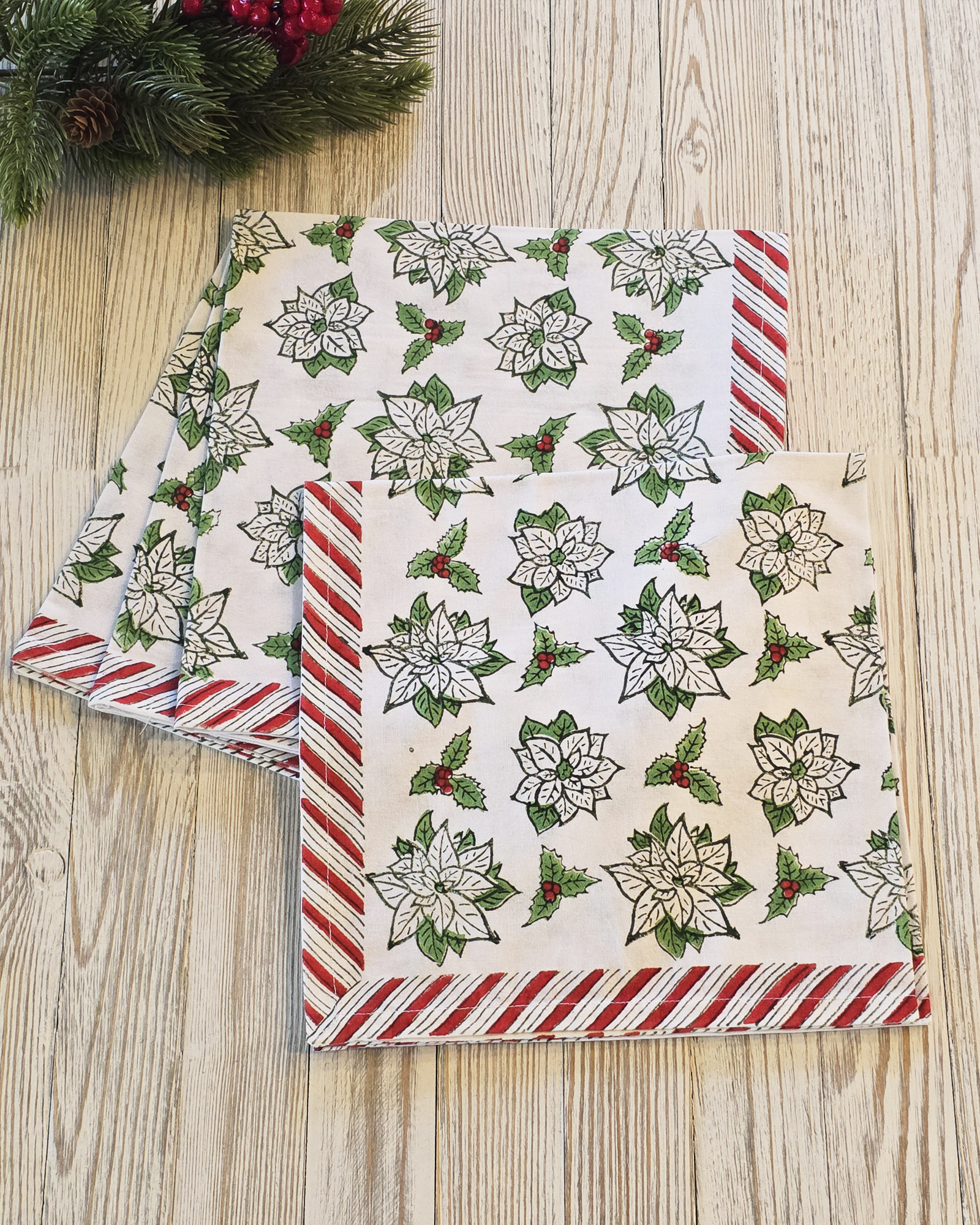 Holiday Poinsettia Block-Printed Cotton Napkins — Set of 4