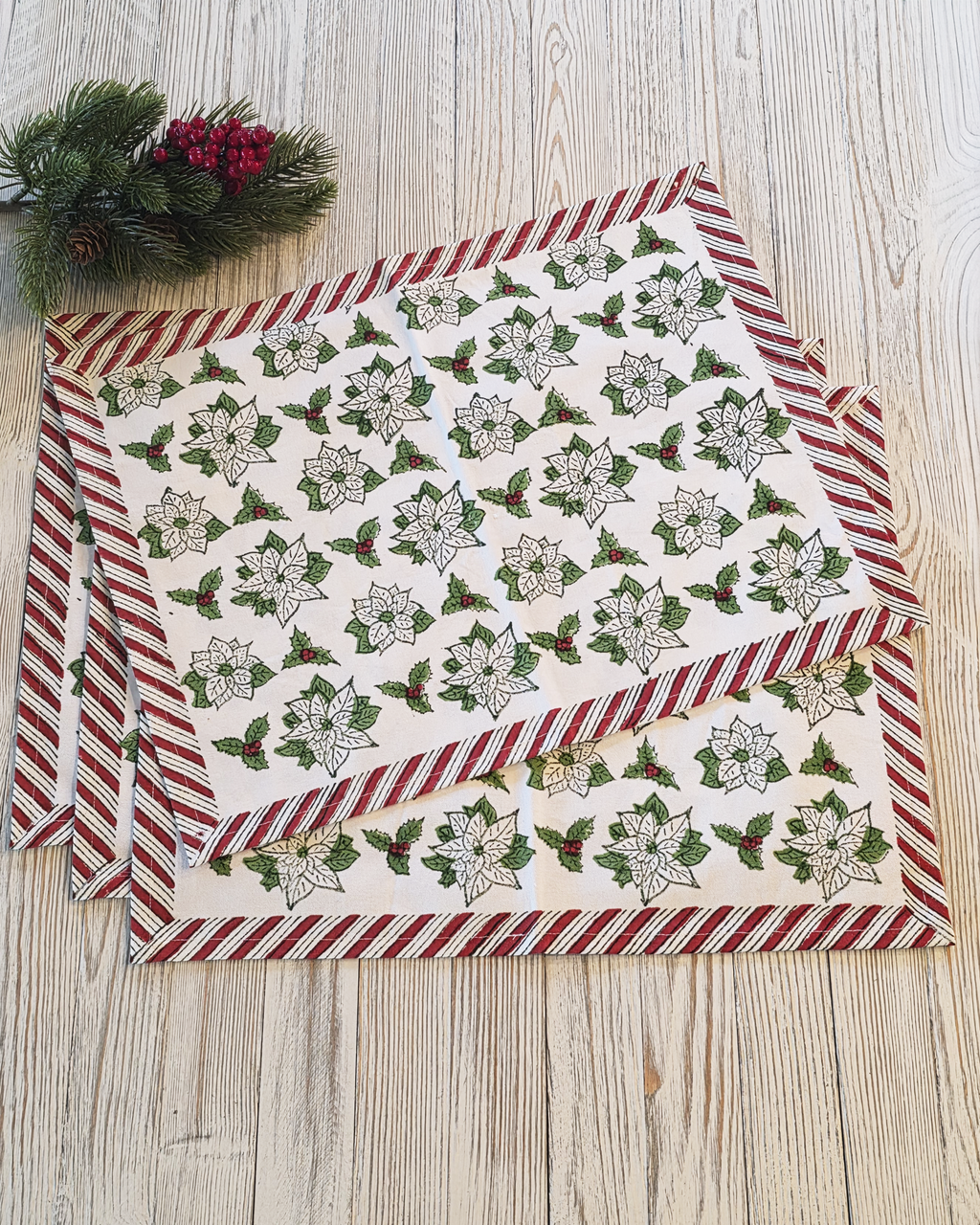Holiday Poinsettia Block-Printed Placemats — Set of 4