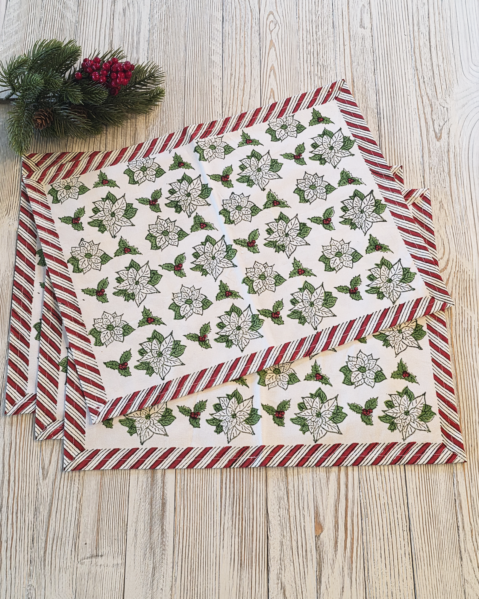 Holiday Poinsettia Block-Printed Placemats — Set of 4
