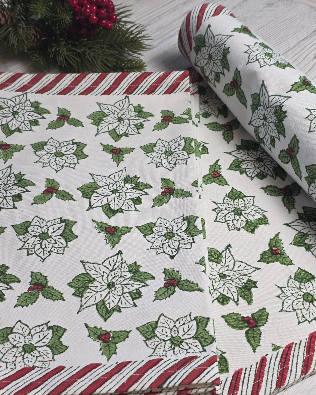 Holiday Poinsettia Block-Printed Cotton Napkins — Set of 4