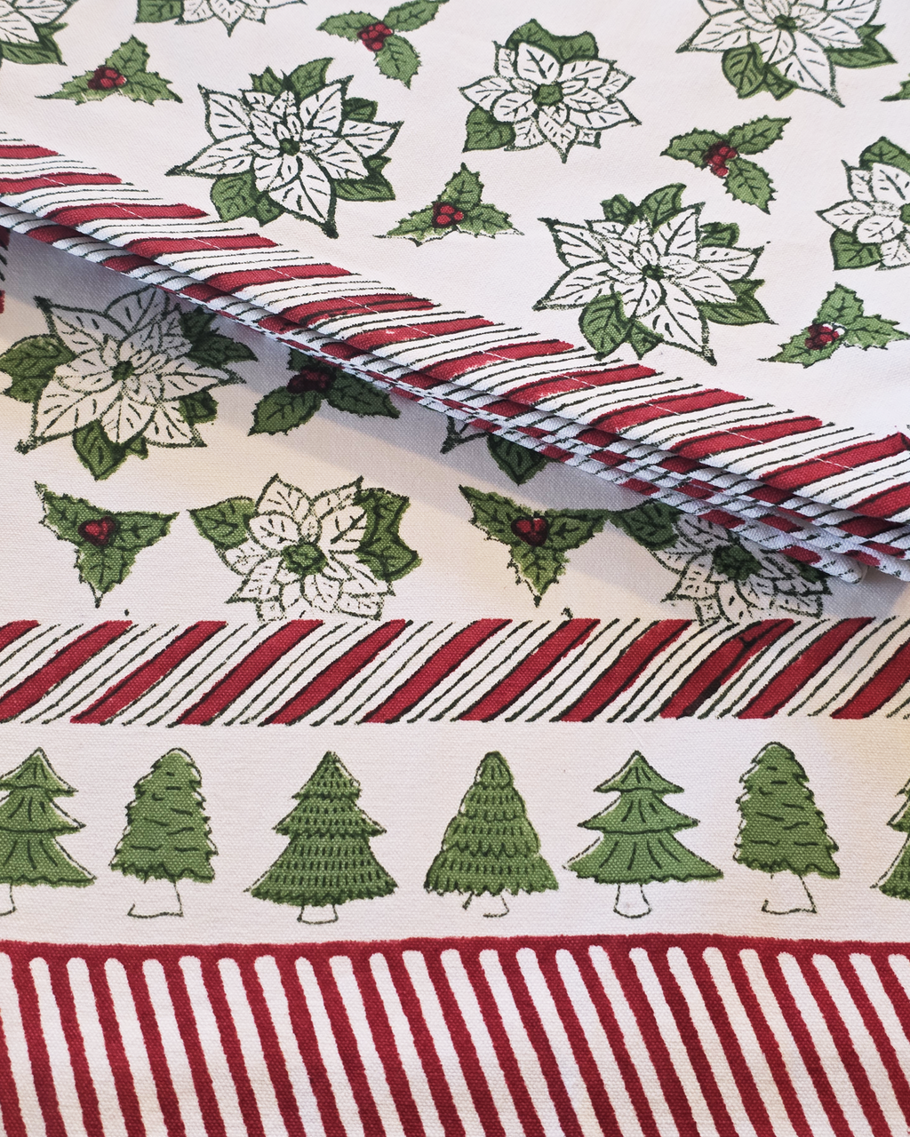 Holiday Poinsettia Block-Printed Table Runner
