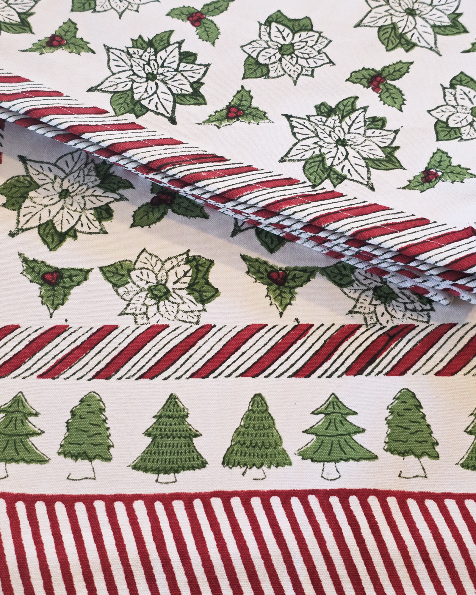 Holiday Poinsettia Block-Printed Table Runner