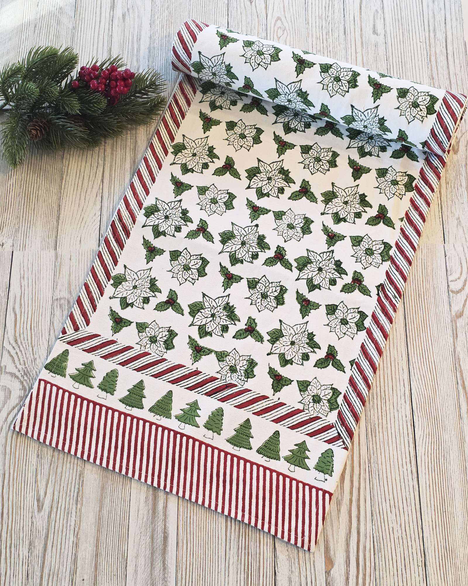 Holiday Poinsettia Block-Printed Table Runner