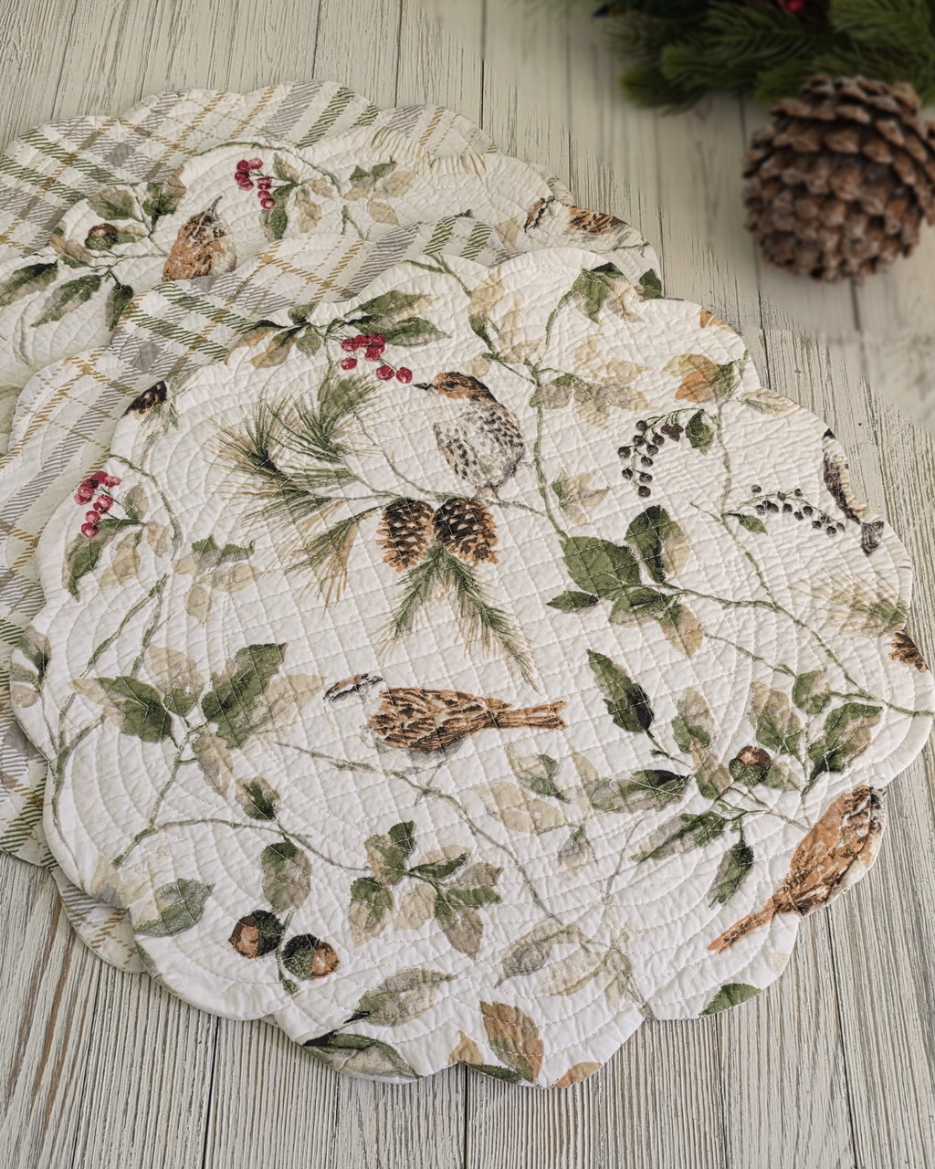 Mira Songbird Round Quilted Placemats  Set of 4 – Reversible Quilted