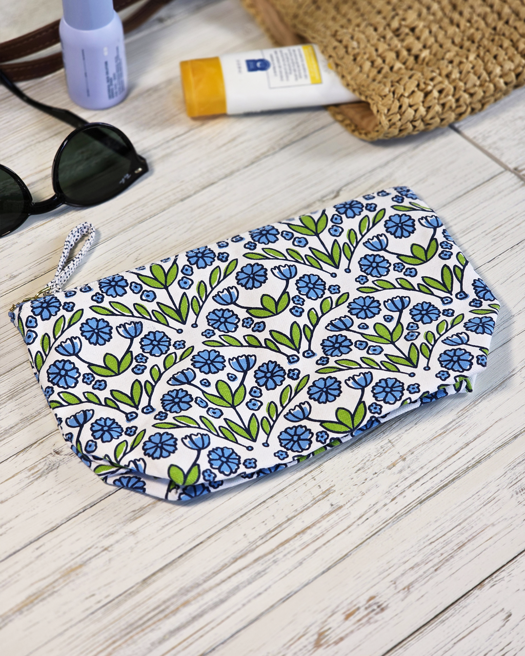 Blue Floral Canvas Pouch