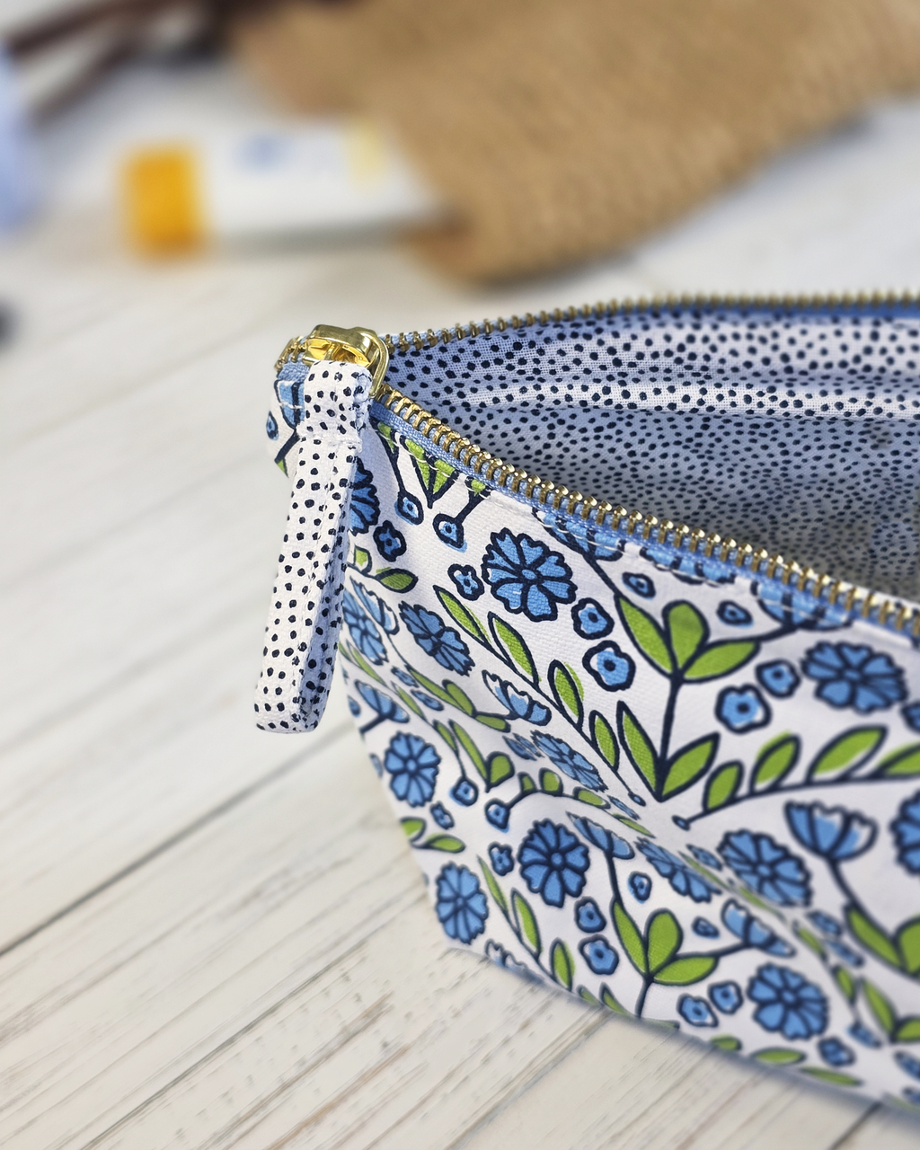 Blue Floral Canvas Pouch