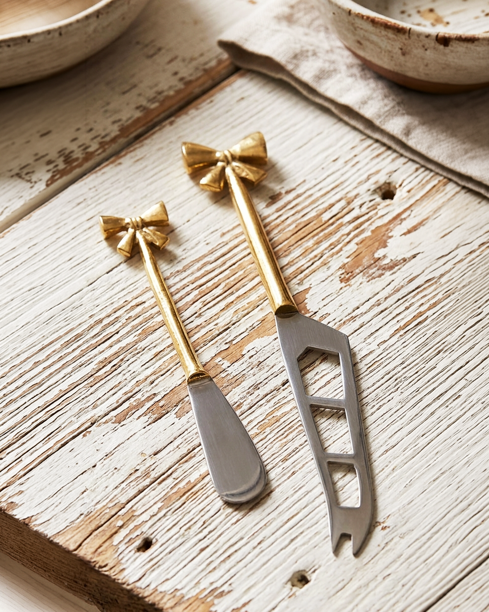 Gold Bow Cheese Knives — Entertaining Set of 2