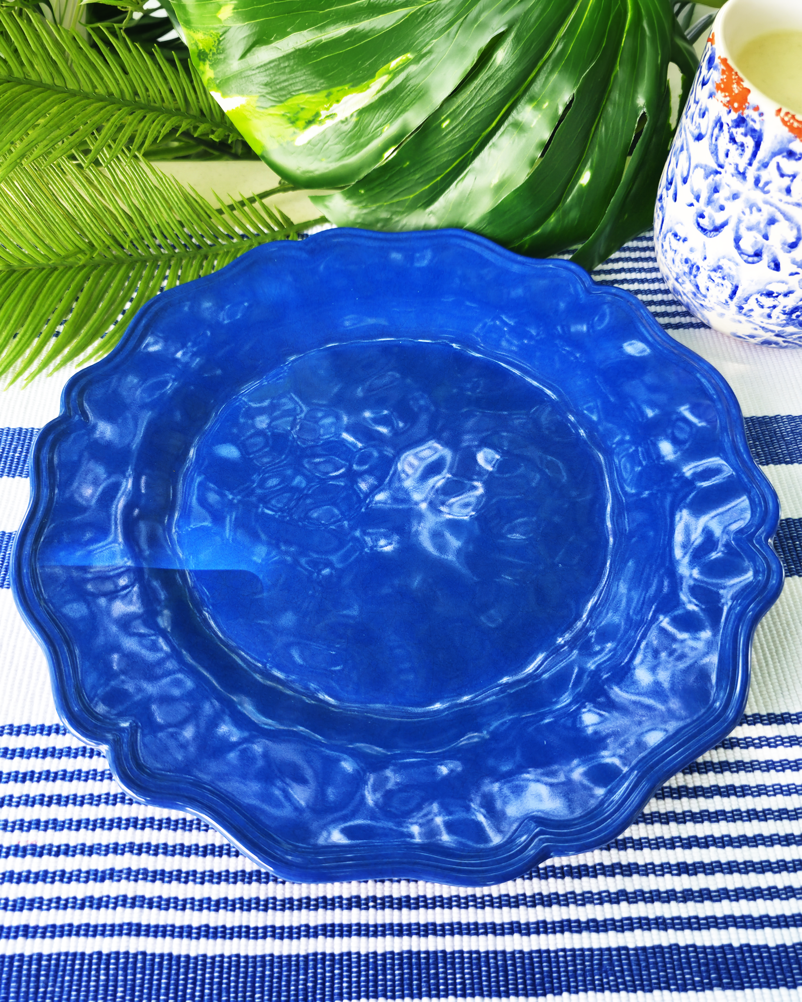 Indigo Scalloped Melamine Dinner Plates — Set of 4