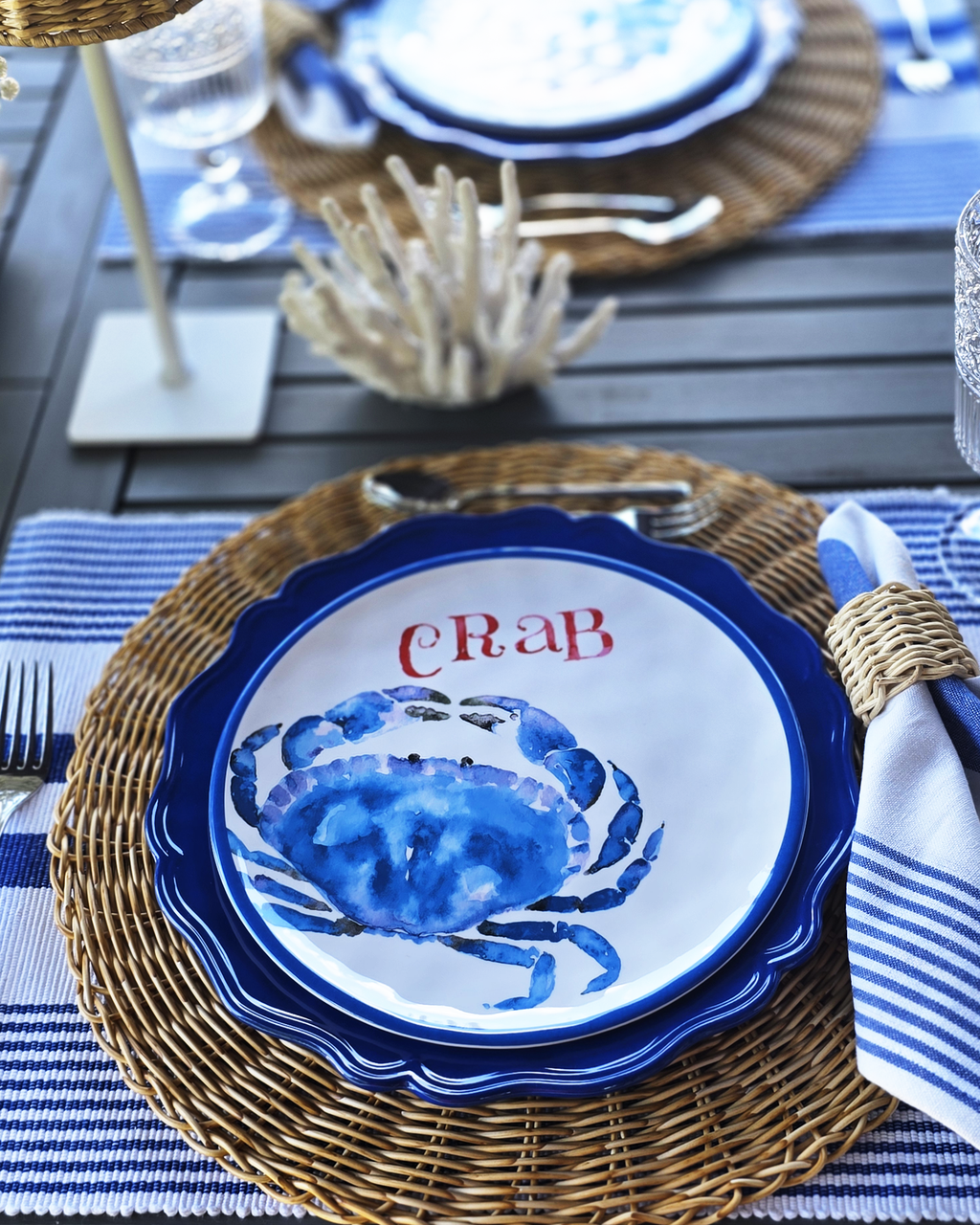 Indigo Scalloped Melamine Dinner Plates — Set of 4