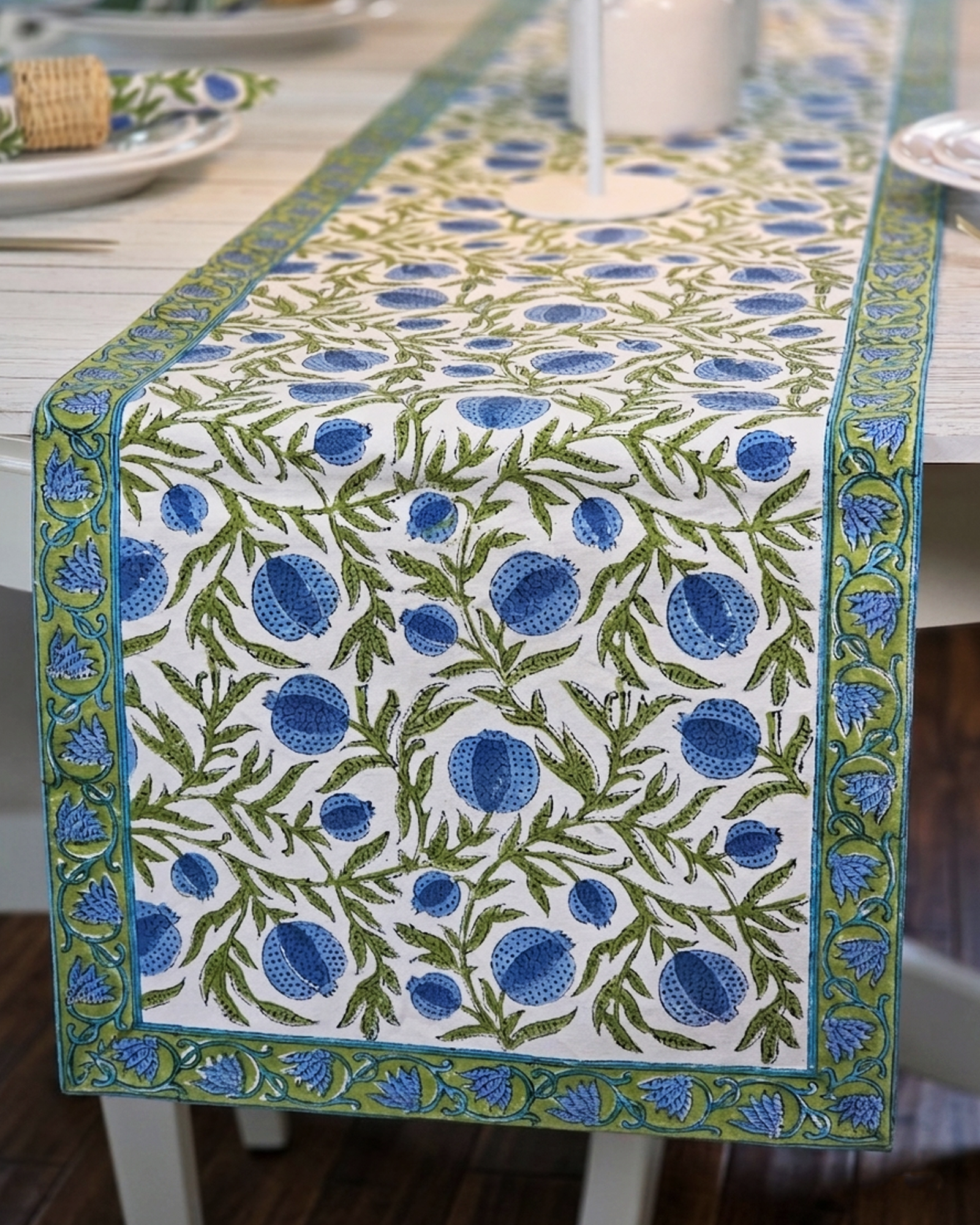 Pomegranate Grove Blue — Cotton Table Runner