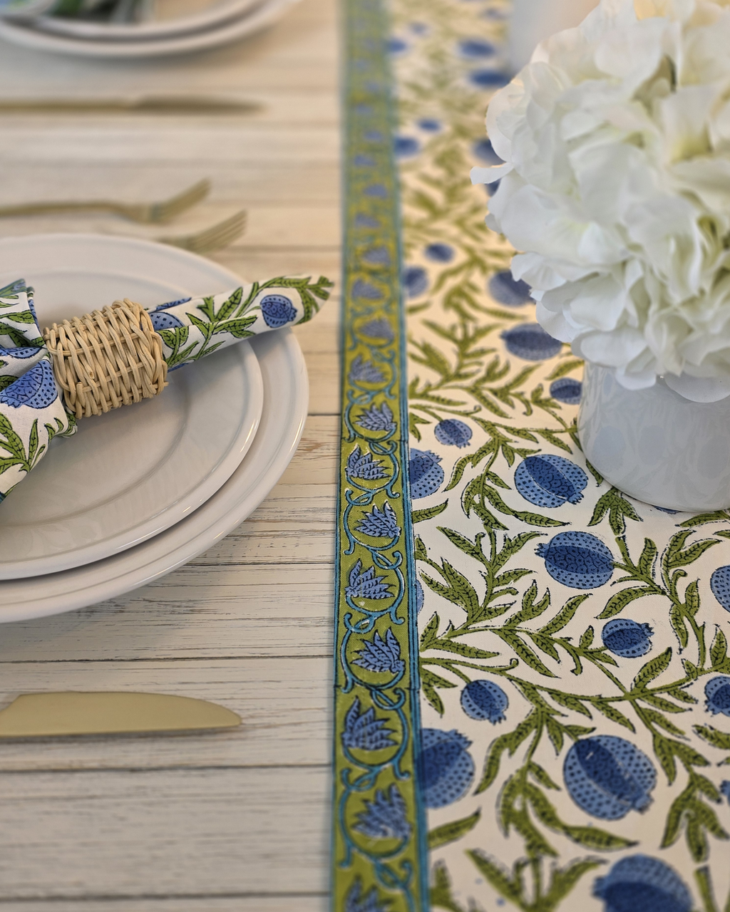 Pomegranate Grove Blue — Cotton Table Runner