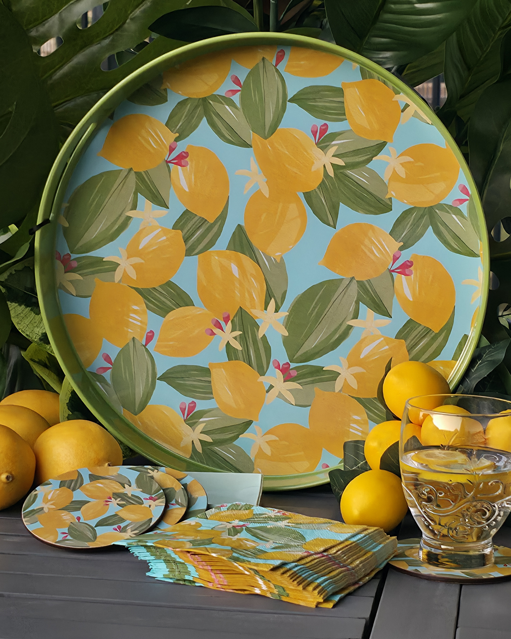 Lemon Blossoms — Lacquer Round Serving Tray