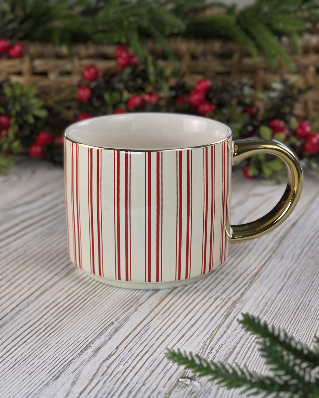 Red Candy Stripe Fine Bone China Mug — Gold Handle.