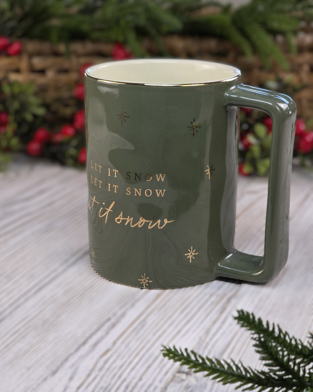 Let It Snow — Green Stoneware Mug with Gold Detail